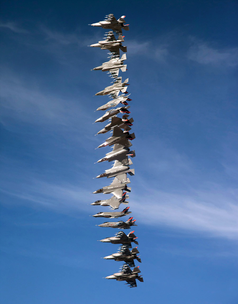 Illustration for article titled Cool composite image of a fully armed F-35 doing a 360-degree roll
